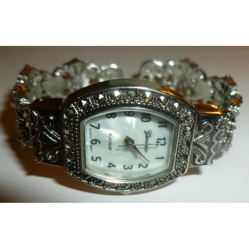 Geneva Watch Women Silver Tone Faux Marcasite‎ Quartz Hinged